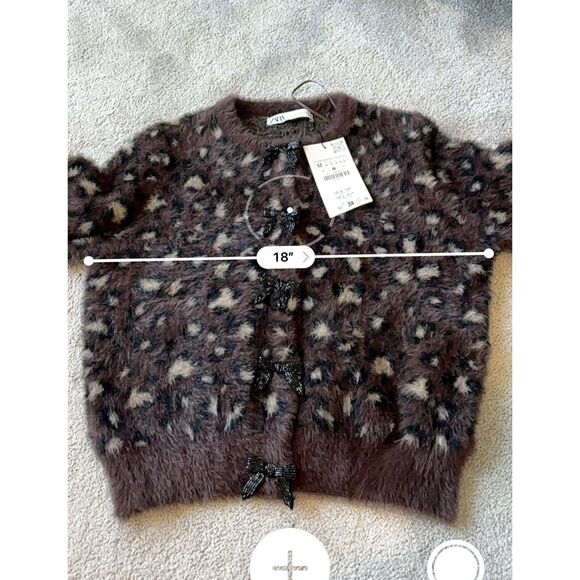 NWT ZARA jacquard leopard holiday bow cardigan, Med $79 D19 - Picture 11 of 12